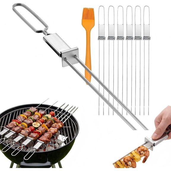 Skewers for Grilling - 13" Kabob Skewers with Push Bar, Double Pronged Anti-Roll Metal Skewer for Kabobs – Stainless Steel Reusable BBQ Skewer for Grilling, Ideal for Meat Shrimp Vegetable, 6pcs