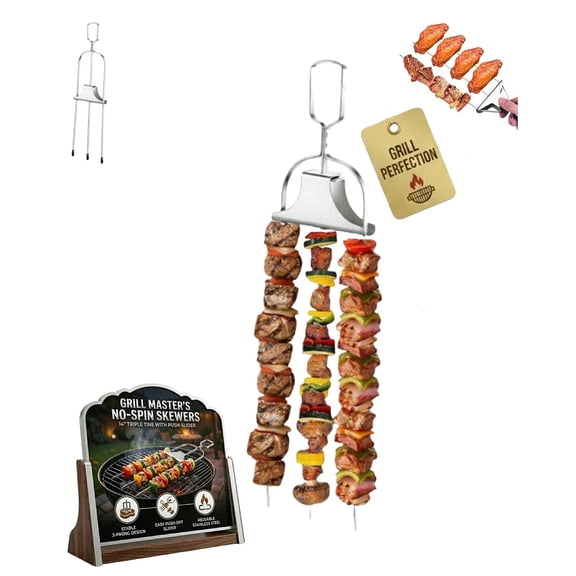 Skewers for Grilling Metal Kabobs BBQ Grill Skewer 3 Way Outdoor Accessories Stainless Steel Chicken Savant Kebab Barbecue Fork Meat Anti Spin 3 Prong Barbeque Reusable Grilling WWSOGQH