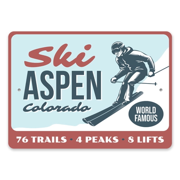 Ski Aspen Colorado 76 Trails 4 Peaks 8 Lifts Aluminum Metal Decor Sign - 10x14 inches