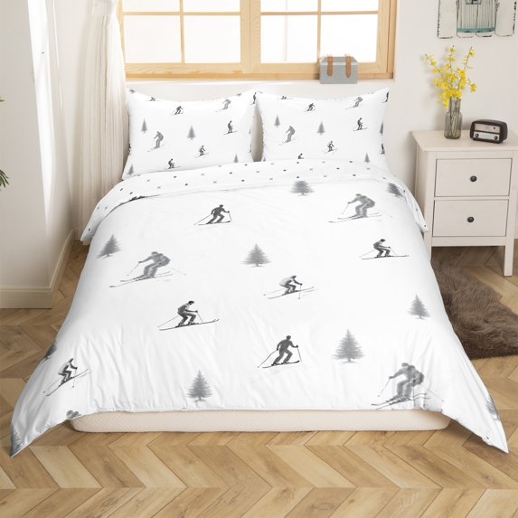 Ski Bedding Sets King Size,Skiing Sport Gaming Duvet Cover Set 3Pcs Teens Men Room Decor,Winter Snow Mountain Pine Comforter Cover Modern White Grey,2 Pillowcases（No Comforter）