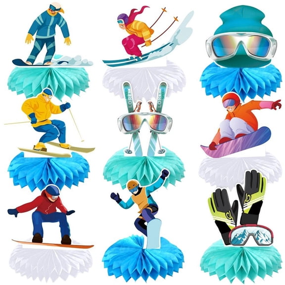 Ski Birthday Party Decorations 9 Pcs/Set Sport Skier Decor Skiing Birthday Decoration Winter Party Set Honeycomb Centerpieces For Table Desk