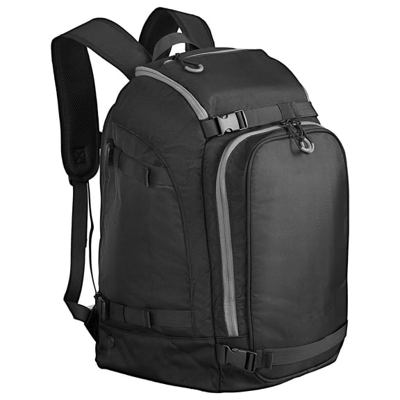 Ski Boot Bag 55L Travel Backpack for Men and Women with Waterproof 1680D Oxford Fabric, Rubberized Bottom, Multiple Compartments for Snowboard, Helmet, Goggles, Gloves and Accessories Black