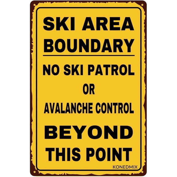 Ski Boundary Metal Tin Sign, Ski Lodge Warning Wall Decor, Ski Area Boundary Indicator Plaque, 8x12 Inch