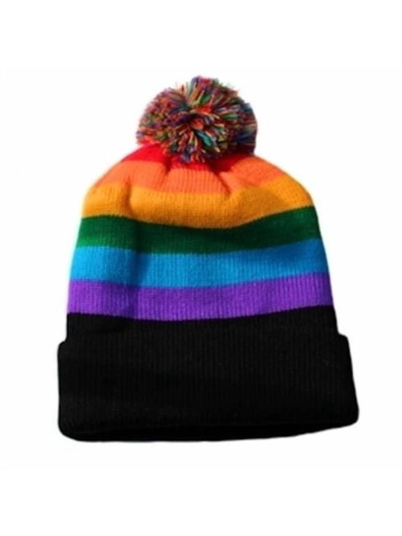 Ski Cap Short Pom Pom Rainbow Black Brim Winter Cap LGBT Gay & Lesbian Pride Hat