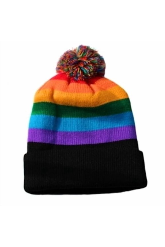 Ski Cap Short Pom Pom Rainbow Black Brim Winter Cap LGBT Gay & Lesbian Pride Hat