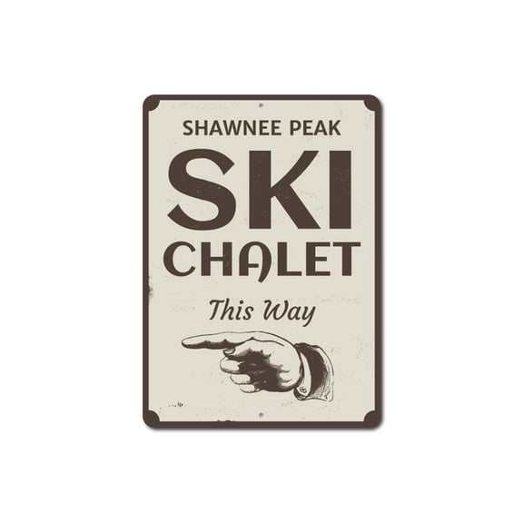 Ski Chalet This Way Sign, Pointing Hand Location Name Decor, Custom Skiing Ski Lover Aluminum Sign - 4x18 inches