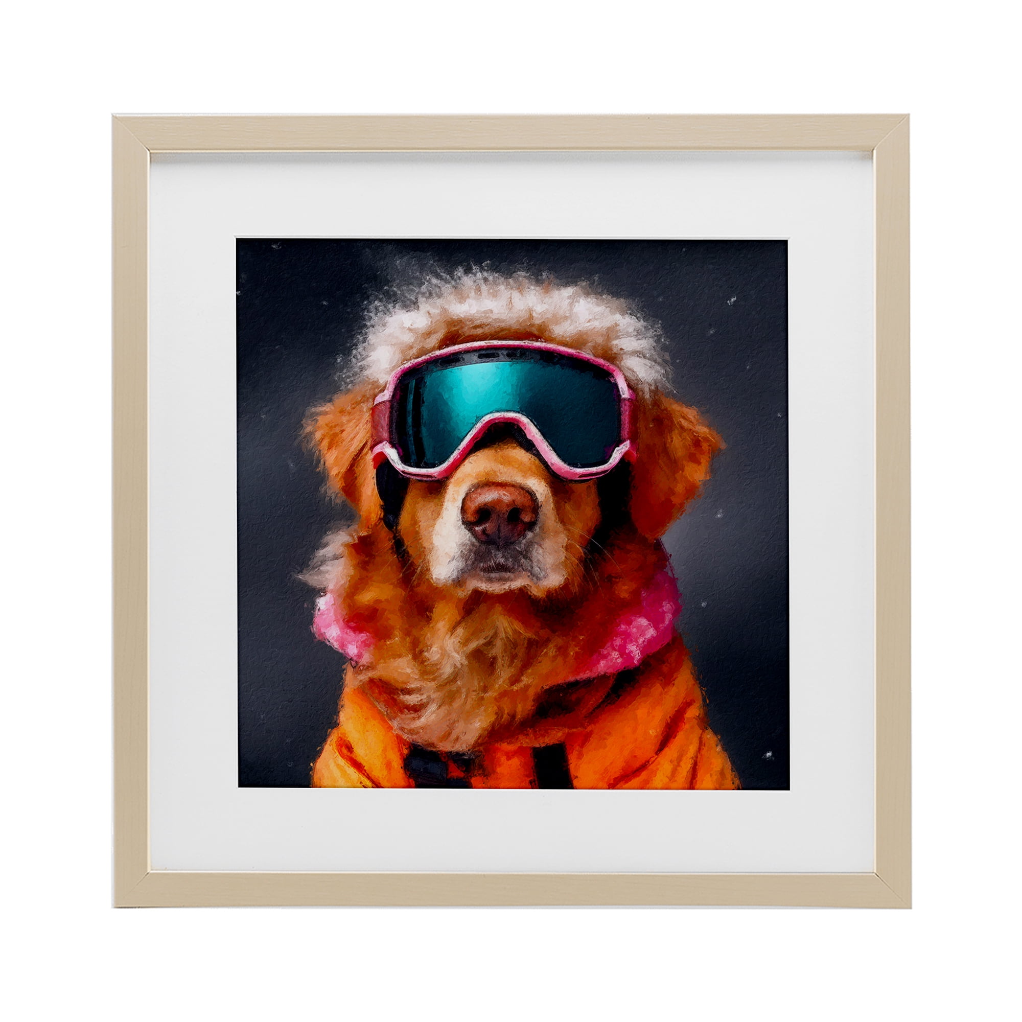 Ski Dog with Goggles Birch Framed Print Under Glass, design by Sean Parnell