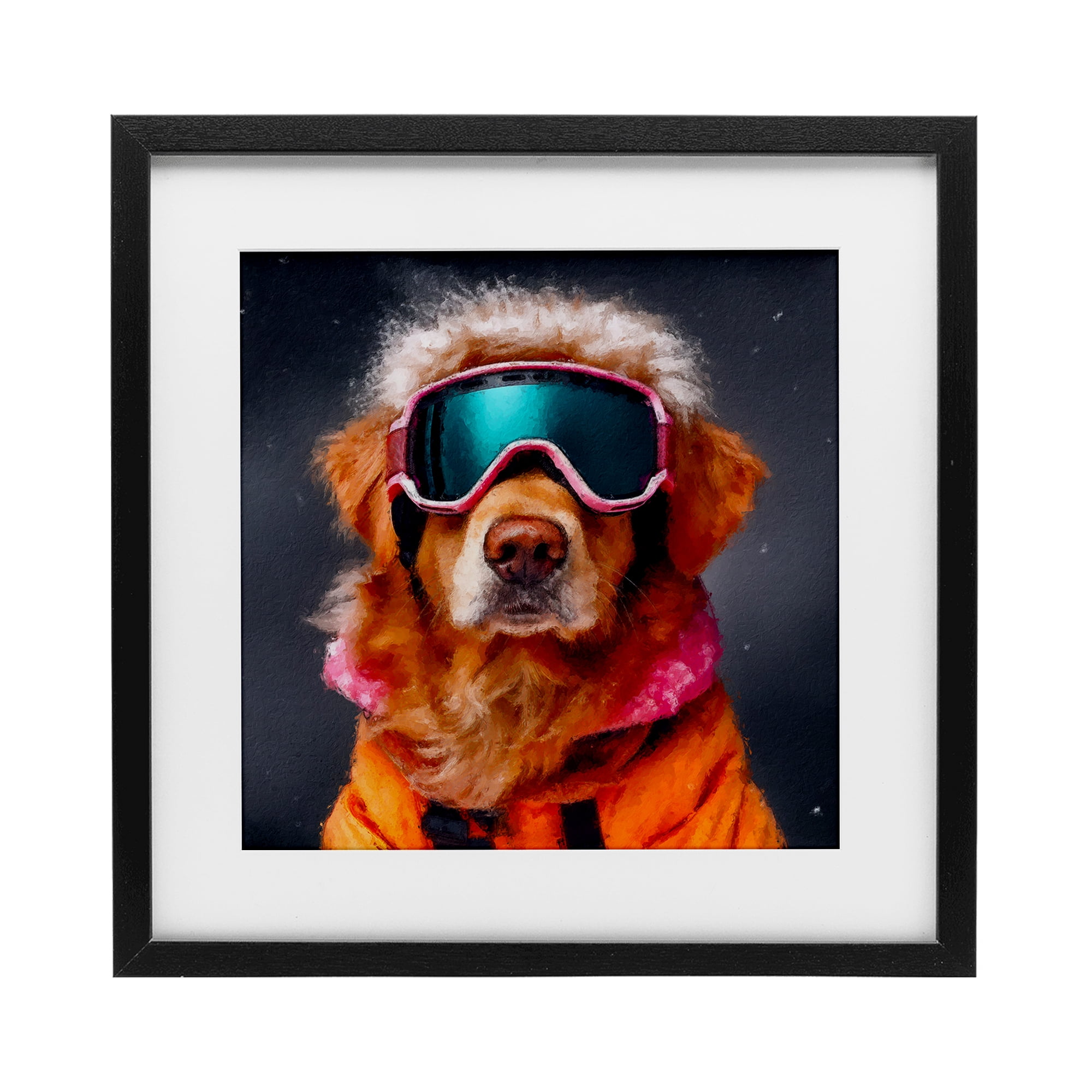 Ski Dog with Goggles Black Framed Print Under Glass, design by Sean Parnell