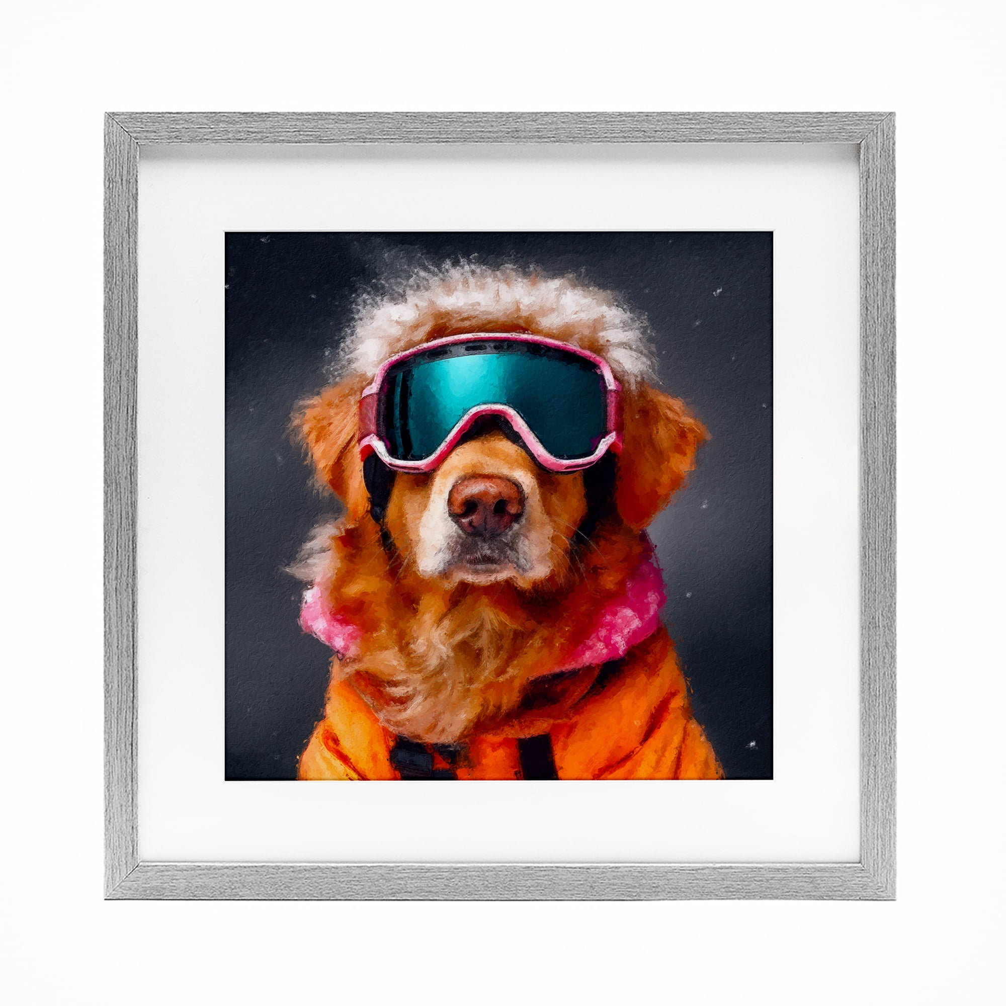 Ski Dog with Goggles Gray Framed Print Under Glass, design by Sean Parnell