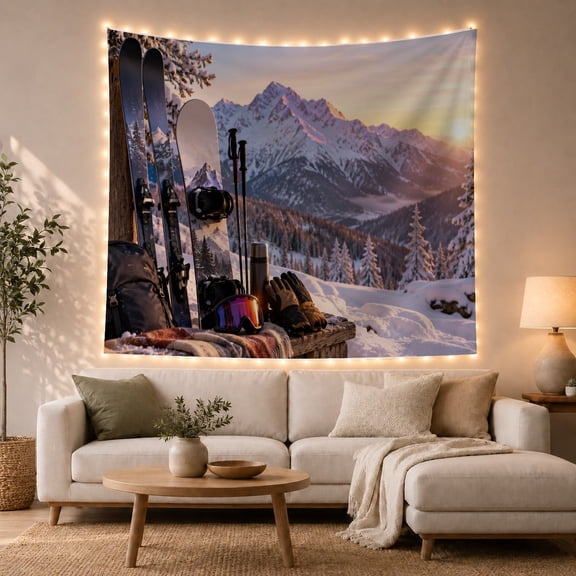 Ski Gear On Wooden Surface With Mountains, Adventurous Photographic Style for Ski Lovers, Mountain Wall Art, Christmas Gift Tapestry Wall Hanging for Cabin and Living Room