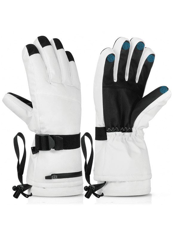 Ski Gloves, Waterproof Touchscreen Snowboard Gloves, Warm Winter Snow Gloves for Cold Weather, Fits Both Men & Women for Driving/Cycling/Running/Hiking(White)