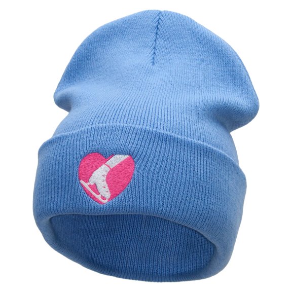 Ski Heart Embroidered 12 Inch Long Knitted Beanie - Sky Blue OSFM