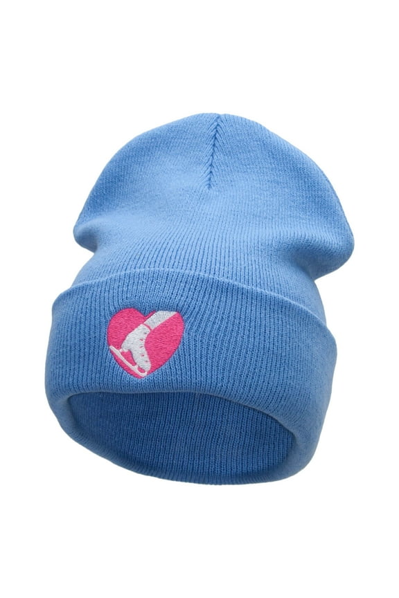 Ski Heart Embroidered 12 Inch Long Knitted Beanie - Sky Blue OSFM