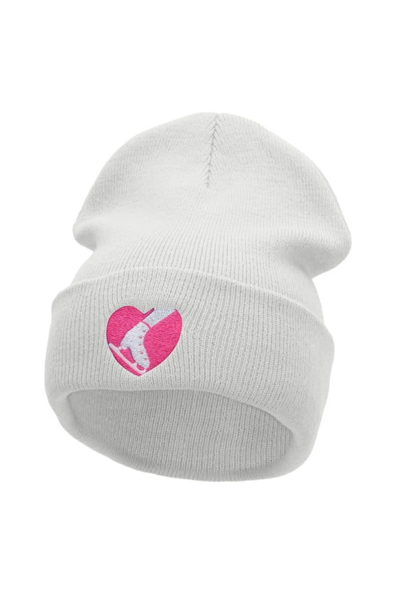 Ski Heart Embroidered 12 Inch Long Knitted Beanie - White OSFM