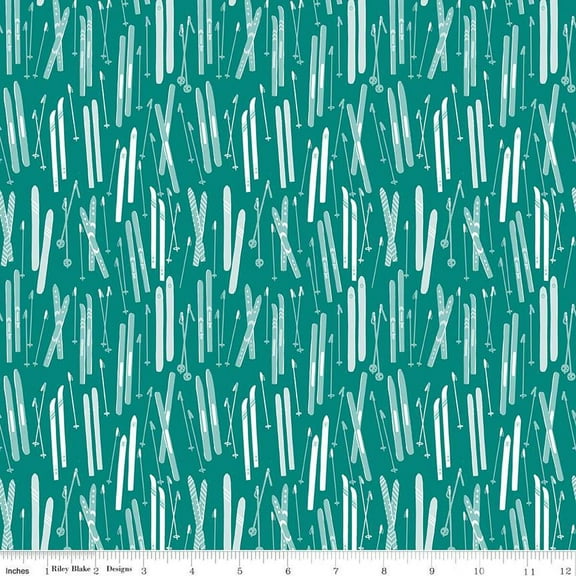 Ski Hill Skis Teal Cotton Fabric
