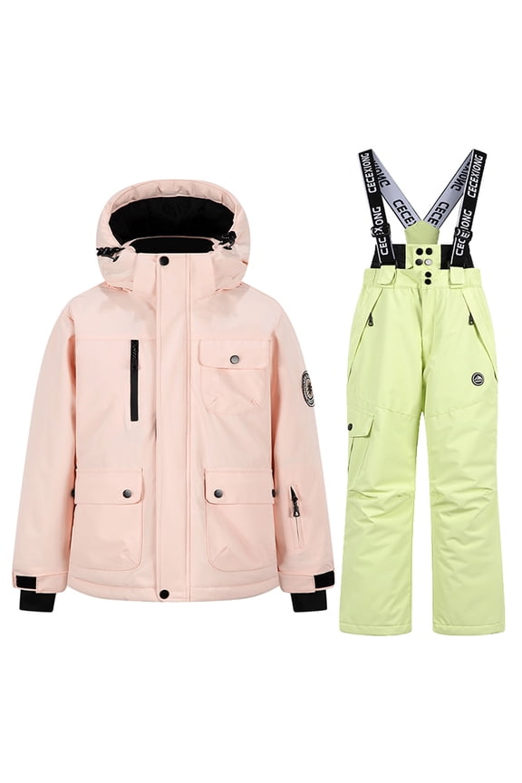 Ski Jacket, Snowboarding Jacket, Paiwinds Children's Winter Thick Waterproof Windproof and Warm Hooded Long Sleeved Top+suspender Ski Pants Equipment Two-piece Set for Kids, 3-4Years