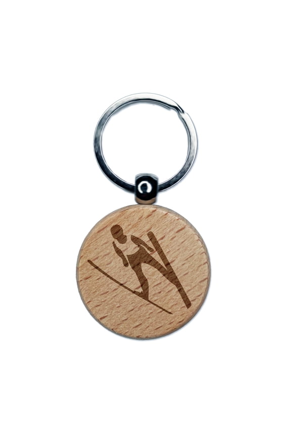 Ski Jumping Jumper Round Keychain Charm Tag - Engraved Wood