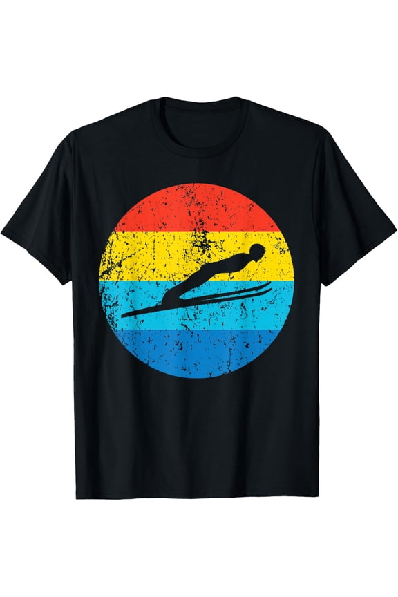 Ski Jumping Vintage Ski Jumper Retro 1970s Style Circle T-Shirt men and women can wear, black, white, gifts