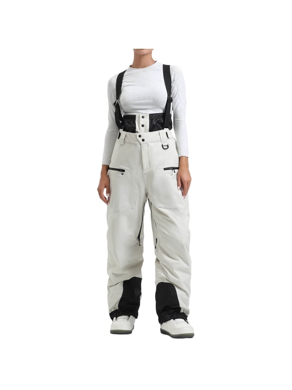 for Women Thickened Fleece-Lined Pants Windproof Ski Pants Long Overalls with Suspenders Beige L