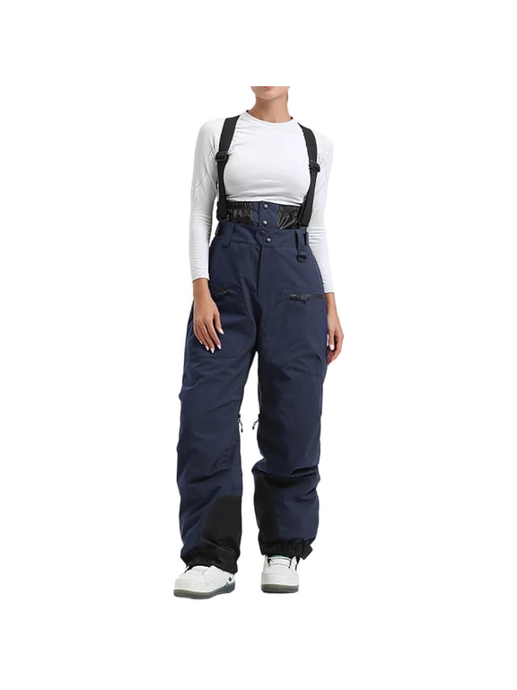for Women Thickened Fleece-Lined Pants Windproof Ski Pants Long Overalls with Suspenders Navy L
