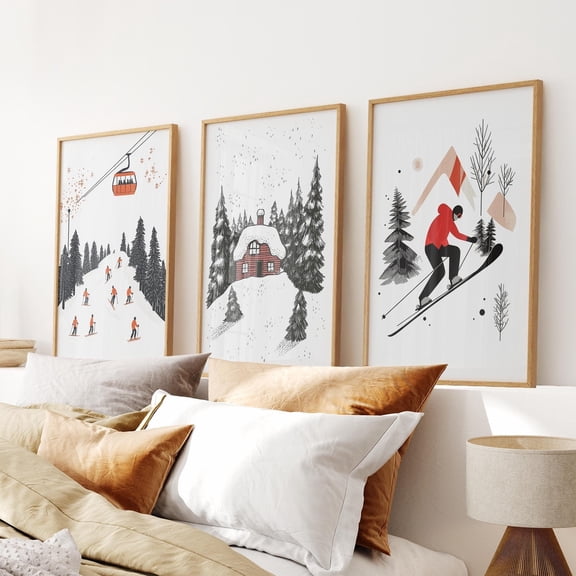 Ski Lodge Prints Set Alpine Skiing Winter Game Room Wall Art Set 3