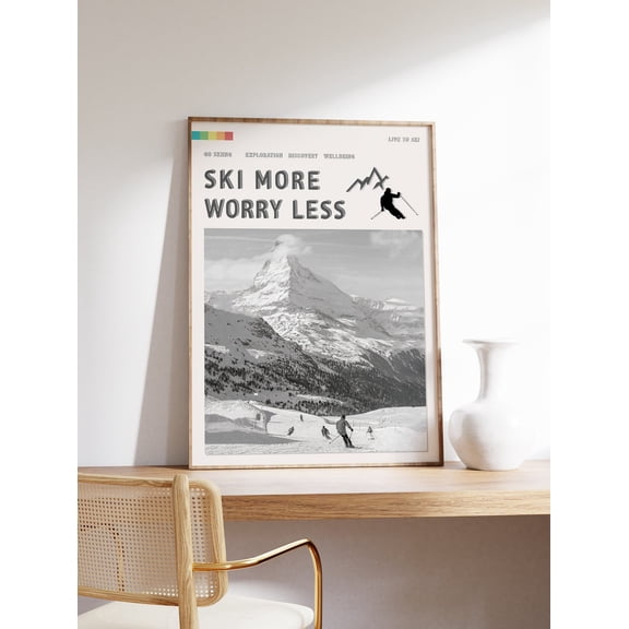 Ski More Worry Less Poster Skiing Alps Outdoor Adventure Art Print Winter Sport Black And White Vintage Skiing Gift Idea Wall Art