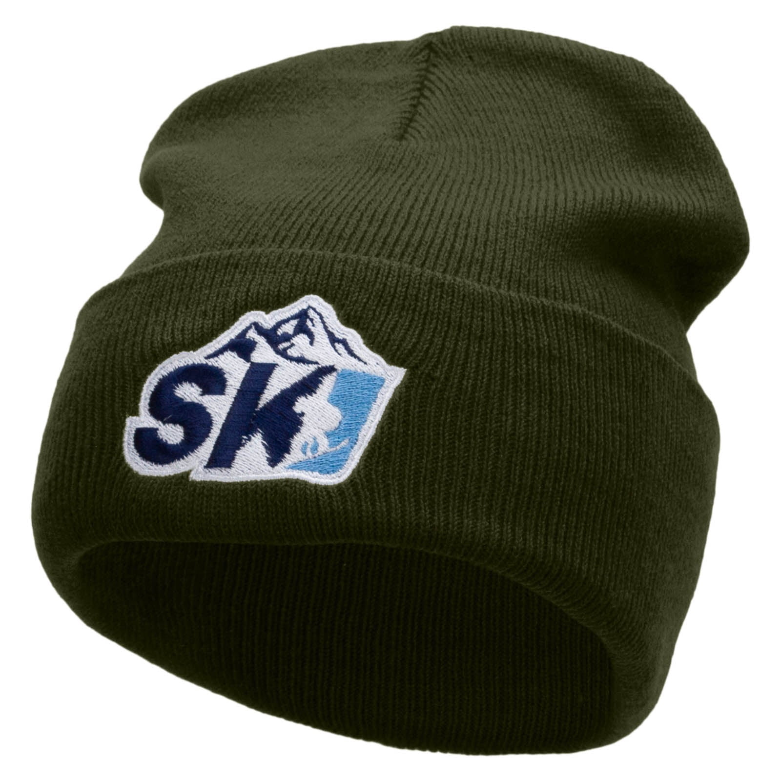 Ski Mountain Embroidered 12 Inch Long Knitted Beanie - Olive 