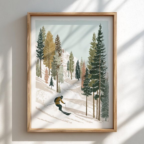 Ski Over Powder Peaks, Pastel Mountain Skiing Wall Art – 8x12 UNFRAMED