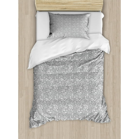 Ski Pattern Duvet Cover Set Twin Size, Monochrome Art Outline Jumble Doodle of Winter Cold Season Items, Decorative 2 Piece Bedding Set with 1 Pillow Sham, Charcoal Grey and White, by Ambesonne