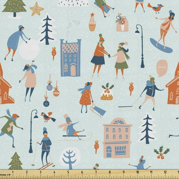 Ambesonne Ski Pattern Fabric by the Yard Upholstery, Cartoon Winter People, 1 Yard, Pale Blue Multicolor