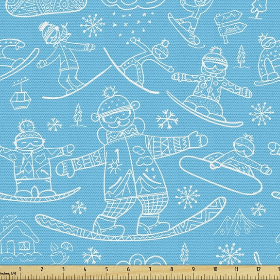 Ambesonne Ski Pattern Fabric by the Yard Upholstery, and Snowflakes, 3 Yards, Sky Blue and White