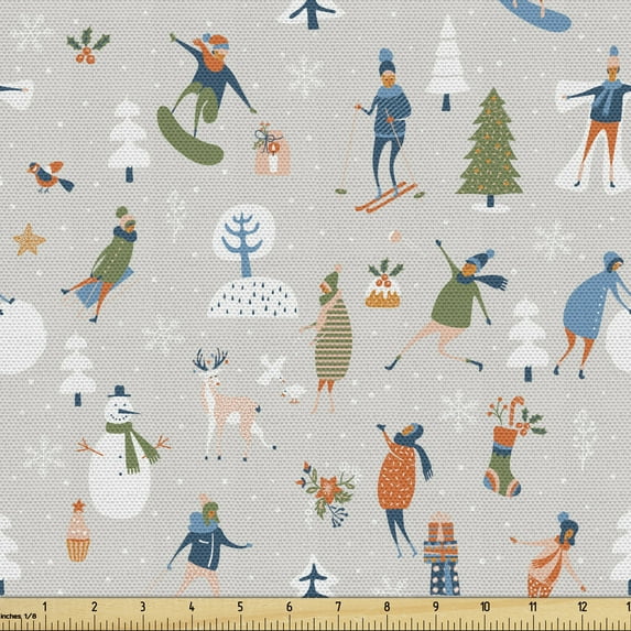 Ambesonne Ski Pattern Fabric by the Yard Upholstery, Pastel Winter People, 1 Yard, Pale Taupe and Multicolor