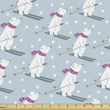 Ambesonne Ski Pattern Fabric by the Yard Upholstery, Skiing Bear and Snowing, 1 Yard, Purpleblue Magenta and White