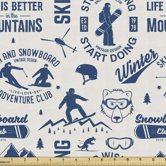 Ski Pattern Sofa Upholstery Fabric by the Yard, Monochromatic Print of Snowboard Winter People Bear and Wolf, Decorative Fabric for DIY Home Accents, 10 Yards, Eggshell and Dark Sky Blue by Ambesonne