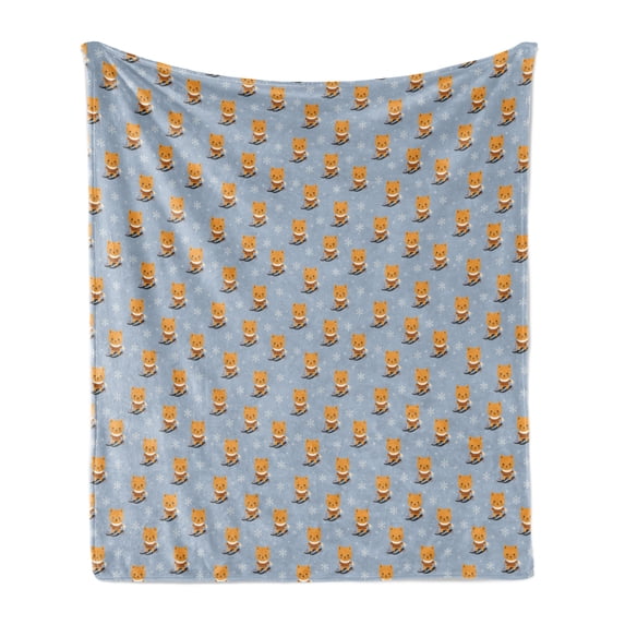 Ski Pattern Soft Flannel Fleece Throw Blanket, Childish Funny Cartoon of Skiing Little Cat and Winter Snowflakes, Cozy Plush for Indoor and Outdoor Use, 60" x 80", Blue Grey and Apricot, by Ambesonne