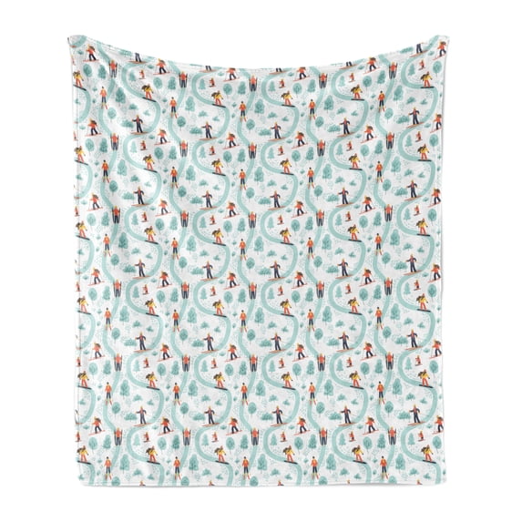 Ski Pattern Soft Flannel Fleece Throw Blanket, Continuous Pastel Skiing People on Track Simple Trees Winter Theme, Cozy Plush for Indoor and Outdoor Use, 50" x 60", Pale Teal Multicolor, by Ambesonne