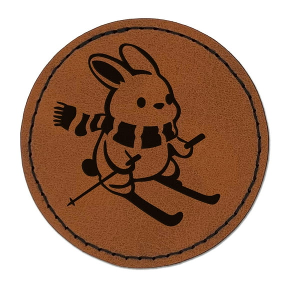 Ski Rabbit Bunny Slopes Snow Rabbit 2.5" Faux Leather Round Engraved Iron-On Patch - Brown
