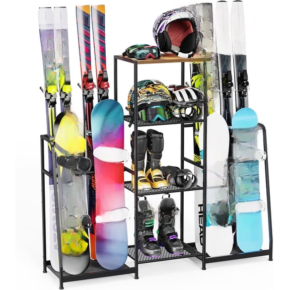 Ski Rack for Garage,Freestanding Snowboard Rack for Ski,Snowboard, Ski Boot, Ski Poles, Goggles, Helmet and More, Heavy Duty Steel Floor Stand Ski Organizer for Garage Basement