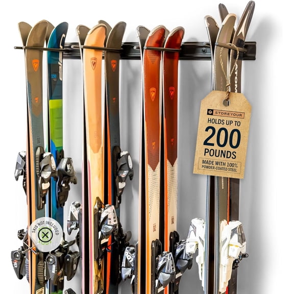 Ski Rack Wall Mount Heavy-Duty Steel Ski Wall Mount Holds Up to 8 Pairs of Skis, Space-Saving Ski Rack for Garage, Home, or Cabin Durable Wall Storage Organizer - Holds Up to 200lb