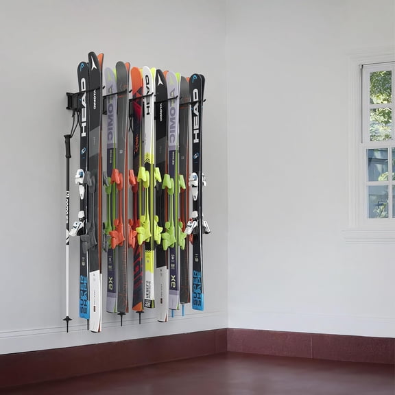 Ski Rack, Wall Mounted Ski Storage for Garage Storage Organizer System, 10 Pairs of Skis Holder for Home Shed, Holds Up to 300lbs