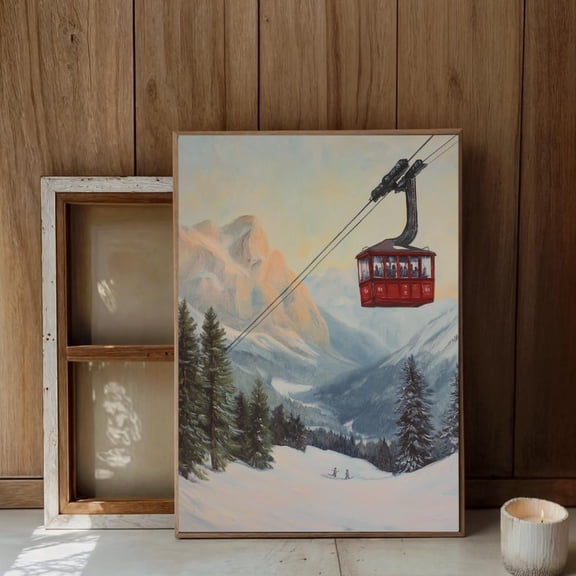 Ski Resort Cable Car Alpine Mountain Snow Winter Adventure Gondola, Unframed Paper Poster 8x10in