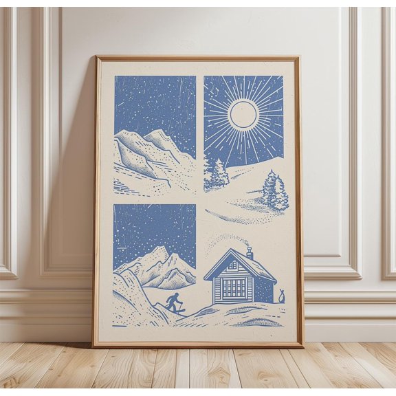 Ski Resort Mountain Cable Car Minimal Winter Landscape Decor Unframed Paper Print