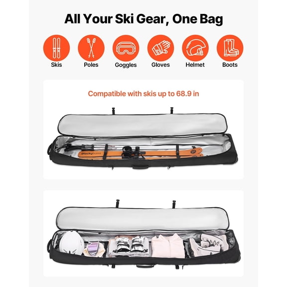 Ski Roller Bag,Up to 74.8 in/190 cm,Padded Snowboard Bag with Wheels for Air Travel,600D Waterproof Oxford Fabric,with Adjustable Straps,for Skis Poles Goggles Gloves Helmet Boots (Black)