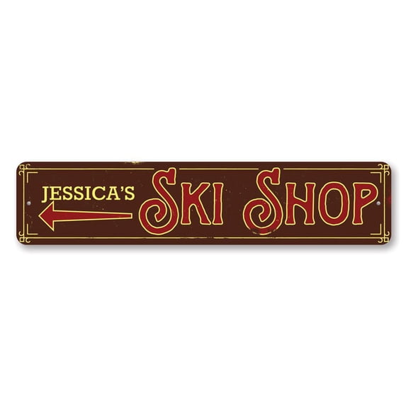 Ski Shop Arrow Sign, Name Ski Sign, Custom Ski Lodge Decor, Ski Lover Sign, Skiing Aluminum Sign - 4x18 inches