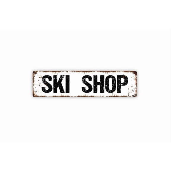 Ski Shop Sign - Skiing Slopes Snowboard Mountain Lodge Resort Rustic Street Metal Aluminum Sign or Door Name Plate Plaque - Size: 16 x 4 Inches
