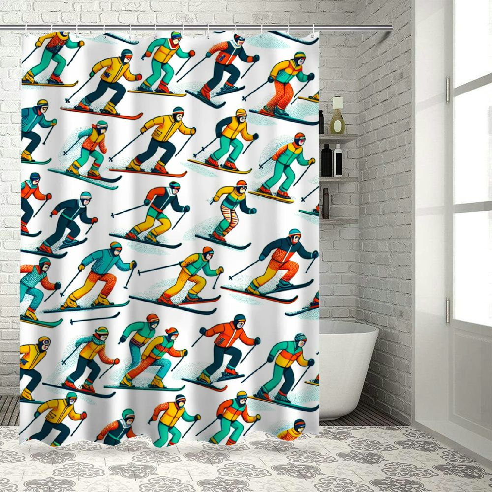 Ski Shower Curtain,Winter Skiing Bathroom Curtain for Kids Girls Boys