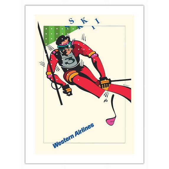 Ski - Slalom Skiing - Western Airlines - Vintage Airline Travel Poster by Don Weller c.1970 - Fine Art Matte Paper Print (Unframed) 18x24in