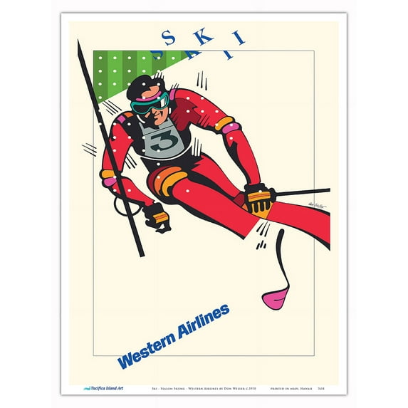 Ski - Slalom Skiing - Western Airlines - Vintage Airline Travel Poster by Don Weller c.1970 - Master Art Print (Unframed) 9in x 12in
