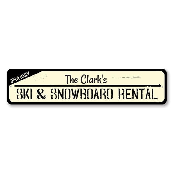 Ski & Snowboard Rental Open Daily Family Name Lodge Aluminum Sign - 4x18 inches