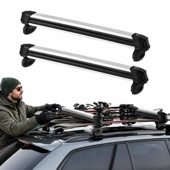 Ski & Snowboard Roof Rack, 2 Pcs Aluminum Car Roof Rack Top Holder, Lockable Universal Mount for Most Crossbars